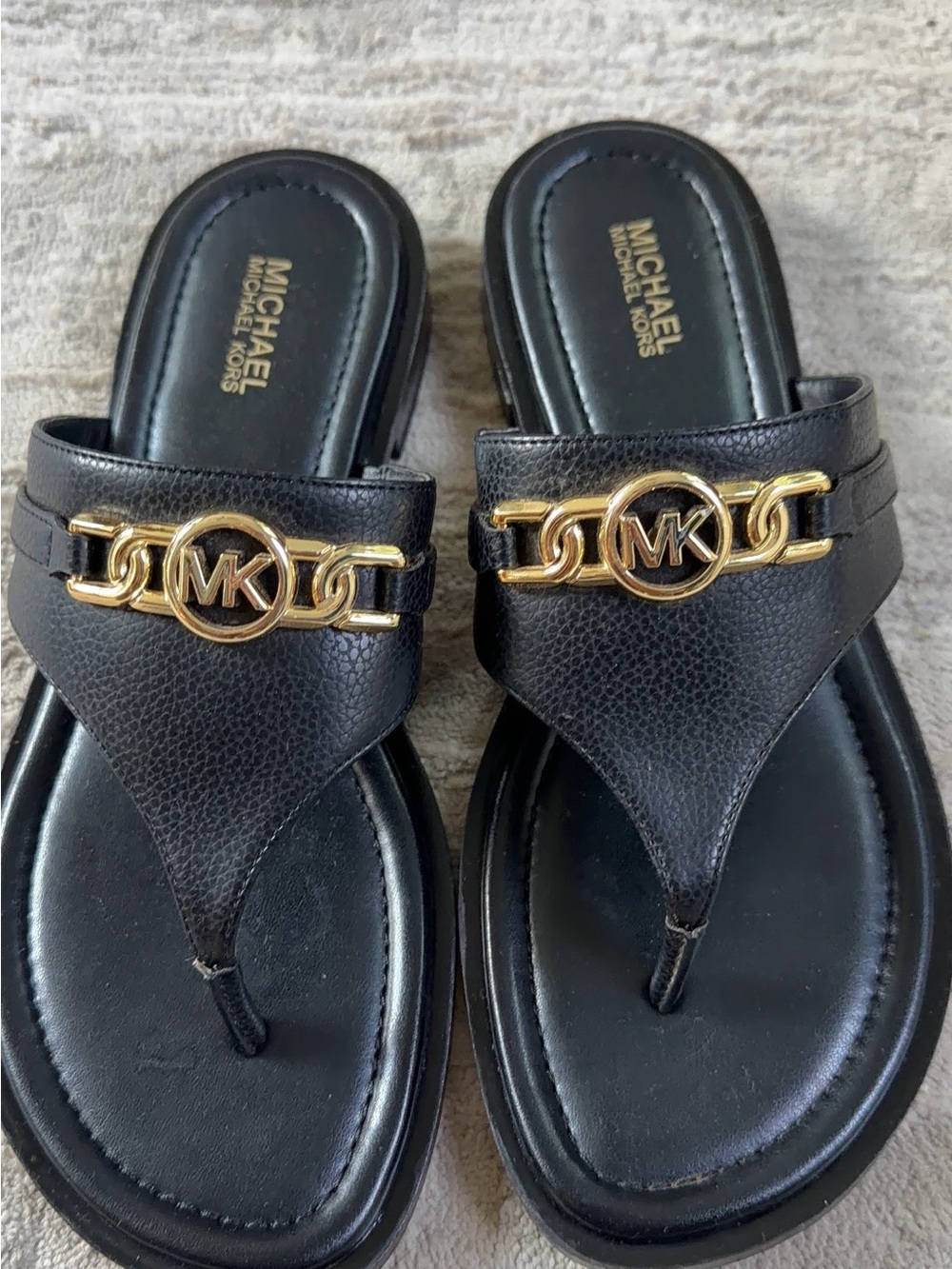 Michael Kors Black Leather Thong Sandals with Gold MK Chain